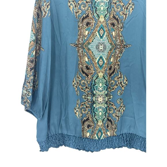 Roz & Ali Womens Boho 1X Teal Baroque Print Blouse 3/4 Sleeve Bubble Hem Top - Picture 11 of 16